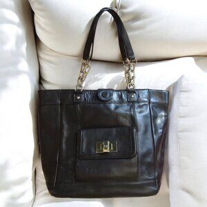 BEBE Black Genuine Leather Tote Bag W Silver Hardware Magnetic Closure